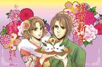  1boy 1girl brown_eyes brown_hair couple female flower hair_ornament japanese_clothes kimono ky032121 male plate rice sengoku_musou sengoku_musou_2 sengoku_musou_3 short_hair tachibana_ginchiyo tachibana_muneshige 