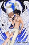 bare_shoulders black_hair brown_hair camisole couple dress earth feather feathers incipient_kiss kanzaki_hitomi legs midriff moon navel open_mouth pants pendant shirtless short_hair star stars strap_slip tenkuu_no_escaflowne van_fanel wings 