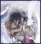  black_hair blush brown_hair carrying couple embarrassed feather feathers green_eyes hair_over_one_eye hug incipient_kiss jewelry kanzaki_hitomi red_eyes short_hair skirt tenkuu_no_escaflowne van_fanel wings 
