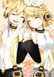  1girl absurdres arm_warmers blonde_hair brother_and_sister closed_eyes detached_sleeves hair_ornament hair_ribbon hairclip headphones highres holding_hands kagamine_len kagamine_len_(append) kagamine_rin kagamine_rin_(append) kei-chan_(atlas_kei) nail_polish navel ribbon short_hair shorts siblings smile twins vocaloid vocaloid_append 