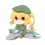  aircraft airplane animated animated_gif beret blinking blonde_hair boots camouflage camouflage_hat chibi eiri_(eirri) f-15_eagle fang fighter_jet flandre_scarlet hat jet military military_vehicle open_mouth red_eyes side_ponytail simple_background sitting solo straddling touhou wings 