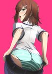  aqua_panties ass baka_to_test_to_shoukanjuu blush brown_hair bulge crossdressing green_eyes hair_ornament hairclip ippo kinoshita_hideyoshi looking_back male_focus otoko_no_ko panties pink_background shiny shiny_clothes short_hair simple_background solo striped striped_panties underwear undressing 