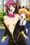  absurdres anya_helsing assisted_exposure bodysuit breasts cleavage closed_eyes green_eyes highres medium_breasts multiple_girls nishiya_yasushi non-web_source nyantype official_art open_mouth orange_hair purple_hair rio_-rainbow_gate!- rio_rollins short_hair super_blackjack undressing 