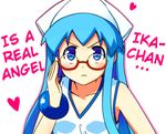  bespectacled blue_eyes bracelet dress glasses hard_translated ikamusume jewelry k.ei open_mouth parody shinryaku!_ikamusume silver_hair squid translated 