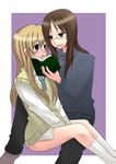  aoiz blonde_hair blue_eyes blush book bottomless brown_eyes brown_hair glasses k-on! kotobuki_tsumugi long_hair multiple_girls open_mouth school_uniform sitting uniform yamanaka_sawako yuri 