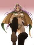  angela_(seiken_densetsu_3) armor ass bikini_armor black_legwear breasts cape from_below gradient gradient_background green_eyes hat large_breasts legs long_hair looking_at_viewer magus_(seiken_densetsu_3) navel purple_hair seiken_densetsu seiken_densetsu_3 seqet-aru solo thighhighs thighs translation_request tricorne 