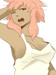  black_eyes breasts cleavage dark_skin female genderswap inazuma_eleven inazuma_eleven_(series) large_breasts long_hair messy_hair open_mouth pink_hair simple_background solo tsunami_jousuke white_background wink 