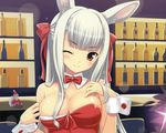  amano_yuu animal_ears blush bunny_ears bunnygirl cleavage gray_hair original red_eyes ribbons wink 