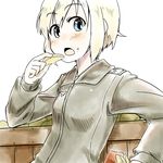  blonde_hair blue_eyes blush eating erica_hartmann food food_on_face itsuki_kuro long_sleeves military military_uniform open_mouth potato potato_wedges short_hair solo strike_witches uniform world_witches_series 