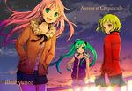  :d ahoge bad_id bad_pixiv_id belt blue_hair cloud french gradient_hair green_eyes green_hair gumi hands_in_pockets hatsune_miku jacket long_hair megurine_luka multicolored_hair multiple_girls open_mouth pink_hair purple_hair railing shorts skirt sky smile star_(sky) twilight twintails vocaloid yuzuki_kihiro 