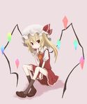  :p ascot bad_id bad_pixiv_id blonde_hair candy flandre_scarlet food hat highres licking lollipop mugi_(banban53) red_eyes short_hair side_ponytail sitting smile solo tongue tongue_out touhou wings 