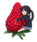  black_hair blue_eyes food fruit gime hug k-on! long_hair nakano_azusa oversized_food oversized_object school_uniform solo strawberry twintails 