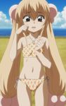  bikini blush hair_bobbles hair_ornament halterneck highres kodomo_no_jikan kokonoe_rin long_hair navel ocean open_mouth screencap side-tie_bikini solo stitched swimsuit third-party_edit very_long_hair 