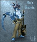  barefoot blue collar dragon dreke guitar hair horns long_tail male microphone muscles music pants plantigrade raised_tail rock_music scalie solo tail topless vader-san 