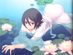  1girl black_hair bleach female flower kuchiki_rukia lilly plant pond short_hair solo water wet 