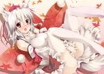  animal_ears bad_id bad_pixiv_id blush covering covering_crotch detached_sleeves hat highres inubashiri_momiji multicolored multicolored_eyes nironiro open_mouth panties red_eyes short_hair silver_hair skirt skirt_tug solo tail thighhighs tokin_hat touhou underwear white_legwear white_panties wolf_ears wolf_tail 