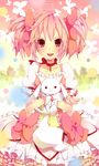  bug butterfly dress gloves hair_ribbon highres insect kaname_madoka kyubey mahou_shoujo_madoka_magica pink_eyes pink_hair ribbon short_twintails twintails yugake_(mrnmrm) 