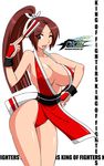  blush breasts brown_eyes brown_hair devil-v fatal_fury female king_of_fighters large_breasts long_hair ponytail shiranui_mai simple_background snk solo white_background 