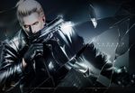  albert_wesker belt black_gloves blonde_hair broken_glass glass gloves glowing glowing_eyes gun handgun male_focus pistol red_eyes resident_evil shell_casing solo weapon wolfina zipper 