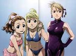  3girls absurdres bare_shoulders bikini black_eyes blonde_hair blue_eyes breasts brown_eyes brown_hair china_dress chinese_clothes chinese_dress cleavage dress earrings elbow_gloves flat_chest fullmetal_alchemist gloves hair_ornament hand_on_hips highres jewelry long_hair looking_at_viewer multiple_girls navel ponytail riza_hawkeye scan short_hair simple_background smile standing swimsuit winry_rockbell 
