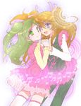  green_eyes green_hair half_updo holding_hands houjou_hibiki long_hair minamino_kanade multiple_girls musical_note nerune orange_hair ponytail precure purple_eyes sketch suite_precure thighhighs twintails two_side_up 