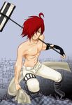  1boy abs boots checkered city cityscape d.gray-man fingerless_gloves full_body gloves green_eyes hair_over_one_eye hammer lave lavi male male_focus muscle open_fly red_hair ruins scarf solo topless torn_clothes unzipped weapon white_pants 