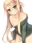  anger_vein angry arima_senka bare_shoulders blonde_hair blush bottomless breast_slip breasts cleavage cursor glasses green_eyes kashiwamochi_yomogi long_hair medium_breasts naked_sweater nipples no_pants one_breast_out original simple_background solo sweater 