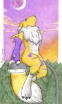  canine chest_tuft digimon female fox freckles_(artist) high_place moon night renamon sky solo street_light under_boob 