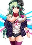  beatmania beatmania_iidx bracelet breast_slip breasts fur_trim green_hair hand_in_pocket hat headphones highres jewelry kanzaki_saya large_breasts long_hair mini_hat mini_top_hat nail_polish nipple_slip nipples one_breast_out pink_legwear red_eyes shorts solo thighhighs top_hat yoshimo 