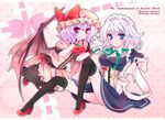  black_legwear bow braid dress hair_bow hat high_heels izayoi_sakuya lavender_hair legs maid maid_headdress multiple_girls red_eyes remilia_scarlet shino_(mijinko) shoes short_hair silver_hair thighhighs touhou twin_braids wings 