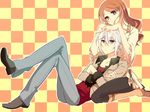  1girl accelerator bad_id bad_pixiv_id boots brown_hair casual crossed_arms highres long_hair mugino_shizuri pantyhose red_eyes ryuuki_(hydrangea) to_aru_majutsu_no_index white_hair 