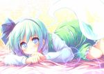  aqua_hair blue_eyes blue_hair blush ghost gradient_hair hairband hitodama kibushi konpaku_youmu konpaku_youmu_(ghost) light lying md5_mismatch multicolored_hair on_stomach pink_hair purple_hair short_hair solo touhou transparent 