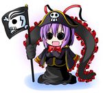  :d blush blush_stickers chibi crossed_arms flag frills hat ichimi jacket_on_shoulders nagae_iku open_mouth pirate pirate_hat purple_hair shawl short_hair skull_and_crossbones smile solid_circle_eyes solo standing touhou v-shaped_eyebrows 