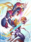  android battle blonde_hair blood blue_eyes duel energy_blade glowing helmet injury multiple_boys nasu_(roda_de_estrela) omega_(rockman) ponytail red_eyes rockman rockman_zero spoilers water zero_(rockman) 