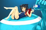  animal_ears arcana_heart backpack bad_id bad_pixiv_id bag barefoot blue_hair cat_ears cup daidouji_kira drinking_glass feet glass m.m milk one-piece_swimsuit pouring randoseru school_swimsuit solo swimsuit wine_glass 