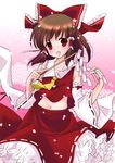  ascot bare_shoulders blush bow brown_hair detached_sleeves gohei hair_bow hakurei_reimu open_mouth red_eyes sakuragi_akira shide short_hair smile solo touhou 