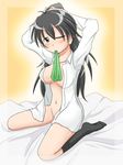  bed_sheet black_hair blue_eyes blush breasts dressing ganaha_hibiki hair_ribbon hairdressing idolmaster idolmaster_(classic) kneeling long_hair medium_breasts mouth_hold navel one_eye_closed open_clothes open_shirt ribbon shirt solo wagomu17 