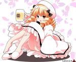  :&lt; alcohol bandaid bandaid_on_leg bare_legs barefoot beer beer_mug blonde_hair blush chestnut_mouth cup drill_hair feet full_body hat holding holding_cup luna_child namamo_nanase no_panties open_mouth red_eyes ribbon sitting slippers solo touhou 