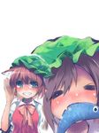  animal_ears bad_id bad_pixiv_id bespectacled blue_eyes brown_hair cat_ears chen face fish glasses goose_h grin mouth_hold short_hair smile solo touhou 