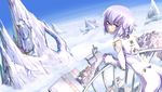  ar_tonelico ar_tonelico_iii blush bodysuit day from_behind highres kamotama looking_back purple_eyes purple_hair short_hair sky solo tilia 