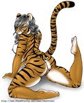  anus black breasts butt chaotikat chubby feline female grey_hair hair half-closed_eyes hindpaw long_hair looking_at_viewer looking_back nude orange plantigrade pose pussy side_boob solo stripes tail tiger white white_background yellow_eyes 