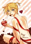  blonde_hair blue_eyes chocolate kagamine_len male male_focus mouth_hold mukkun nude ribbon solo valentine vocaloid 