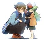  bag bangs bare_arms bare_legs barefoot baseball_cap black_pants black_shorts blush borrowed_character brown_eyes brown_hair carrying closed_mouth eye_contact flipped_hair from_side gen_5_pokemon green_eyes green_hair hands_on_headwear hat holding kl long_hair long_sleeves looking_at_another male_focus multiple_boys n_(pokemon) off_shoulder orange_shirt pants pokemon pokemon_(creature) pokemon_(game) pokemon_bw profile red_footwear satchel shirt shoes short_sleeves shorts shoulder_bag simple_background smile squatting standing t-shirt time_paradox touya_(pokemon) white_background younger zipper zorua 