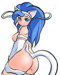 animal_ears back blue_eyes blue_hair blush breasts butt cat catgirl darkstalkers elbow_gloves felicia_(darkstalkers) feline female gloves hair hentai kemonomimi long_blue_hair long_hair looking_at_viewer looking_over_shoulder nekomimi side_boob solo standing tail unknown_artist 