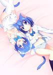  animal_ears apron blue_hair cat_ears cat_tail collaboration covering covering_breasts multiple_girls navel onka open_clothes open_shirt original panties piyodera_mucha shirt short_hair striped striped_panties tail thighhighs topless underwear usashiro_mani 
