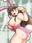  2011 anegasaki_nene animal_ears bare_legs breasts brown_hair bunny_ears bunny_girl bunnysuit kantori large_breasts leotard love_plus pink_leotard purple_eyes red_collar short_hair sideboob solo 