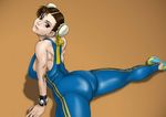  ass bare_shoulders big_breasts breasts brown_eyes brown_hair capcom chinese_clothes chun-li double_bun double_buns female gradient gradient_background hair_buns huge_ass karma-laboratory large_breasts legs looking_back looking_up ribbon shoes short_hair skin_tight sneakers solo split street_fighter street_fighter_alpha street_fighter_zero stretch unitard wristband wristbands 