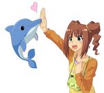  animal bag blush brown_hair dolphin green_eyes hair_ornament heart high_five idolmaster idolmaster_(classic) kairu_the_dolphin kozou_(rifa) microsoft microsoft_office office_assistant open_mouth simple_background solo takatsuki_yayoi touching twintails 