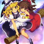  ascot bad_id bad_pixiv_id blonde_hair bow braid broom broom_riding brown_eyes brown_hair detached_sleeves flying hair_bow hair_tubes hakurei_reimu hat hug kirisame_marisa kogiso mary_janes multiple_girls multiple_riders no_nose ponytail shoes touhou witch_hat yellow_eyes 