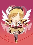  :d angel_wings beret blonde_hair blush boots chibi closed_eyes drill_hair full_body hat heart magical_girl mahou_shoujo_madoka_magica open_mouth outstretched_arms pleated_skirt puffy_sleeves sen1986 simple_background skirt smile solo thighhighs tomoe_mami wings 